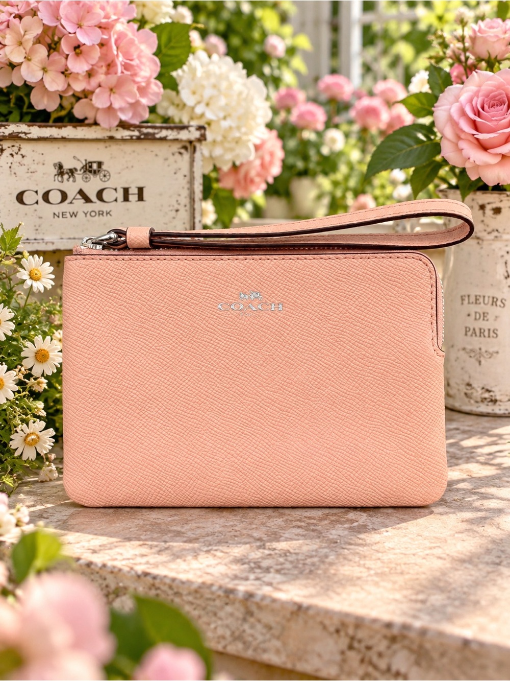 Coach Pink Crossgrain Leather Corner Zip Wristlet EUC